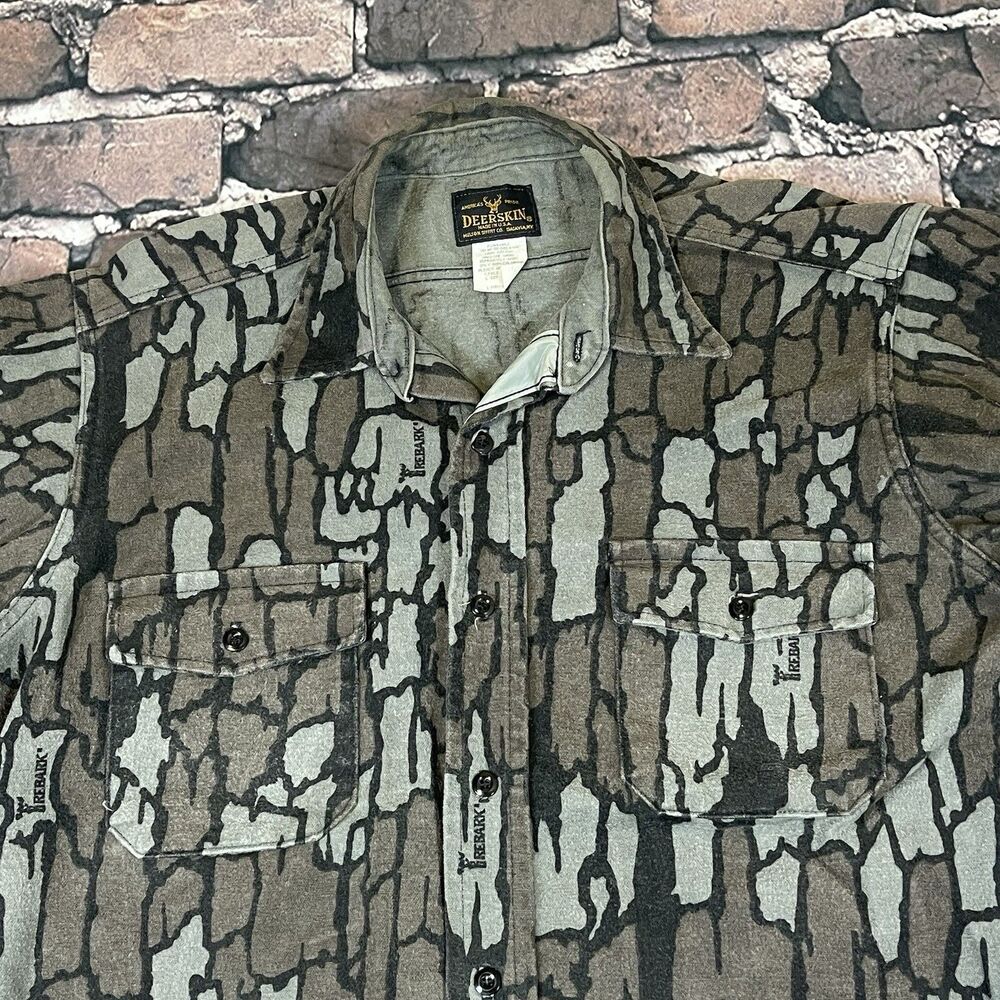 Vintage Melton Deerskin Shirt Mens Large TreBark Camo Chamois Hunting Pockets - Picture 5 of 9